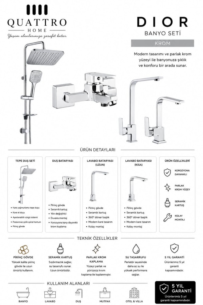 Dior Tepe Duş Seti,Evye Bataryası ve Lavabo Bataryası Set