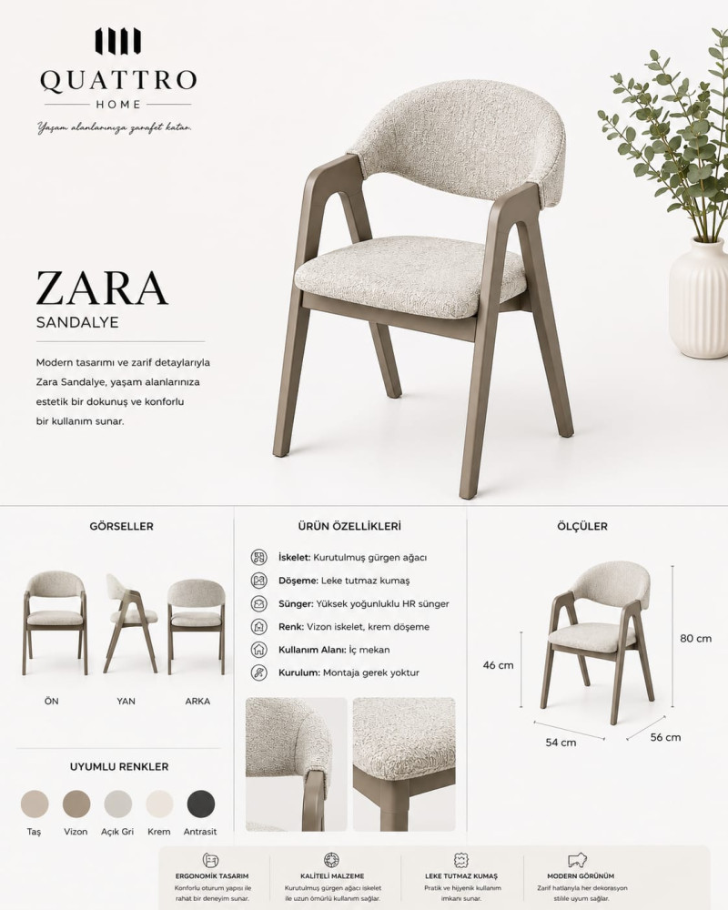 Zara Modern Kollu Yemek Sandalyesi