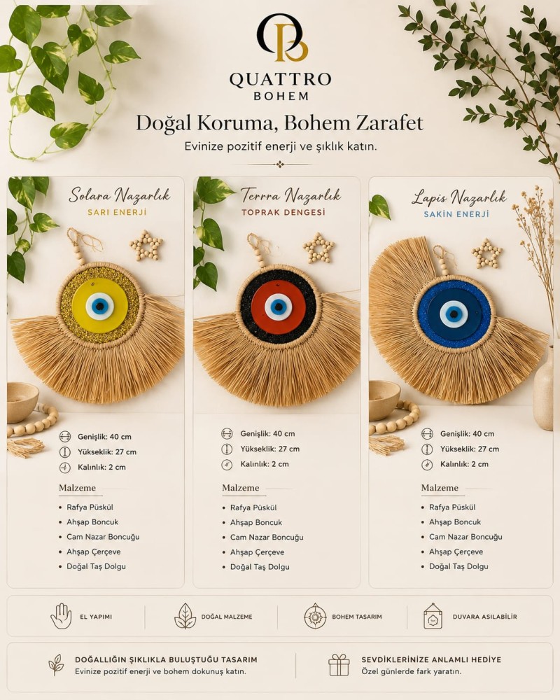BOHEM Terra Nazarlık El Yapımı Bohem Nazar Duvar Süsü Doğal Rafya Dekor görsel 2