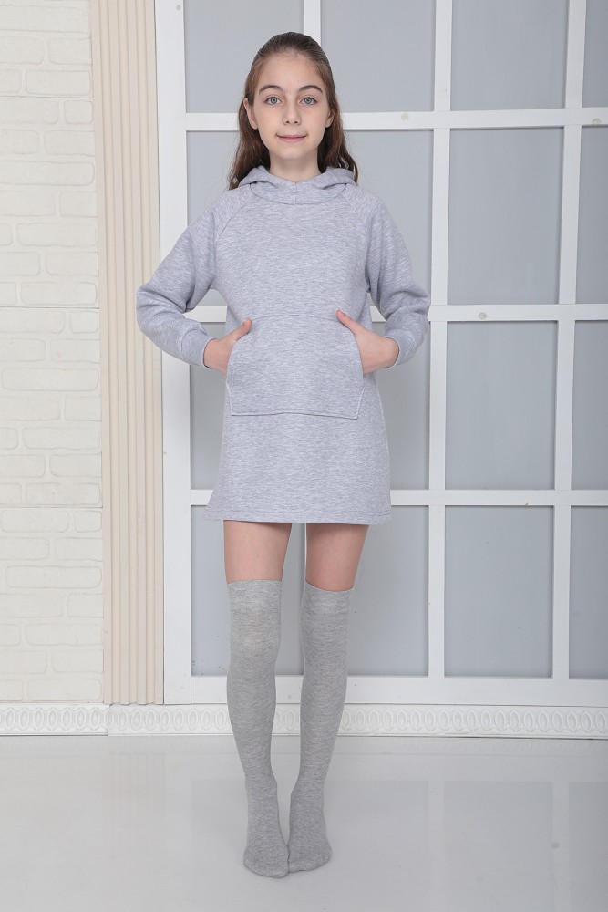 KIZ ÇOCUK GRİ Kapüşonlu 3 iplik Şardonlu Polarlı Reglan Kol Elbise S-303GRİ