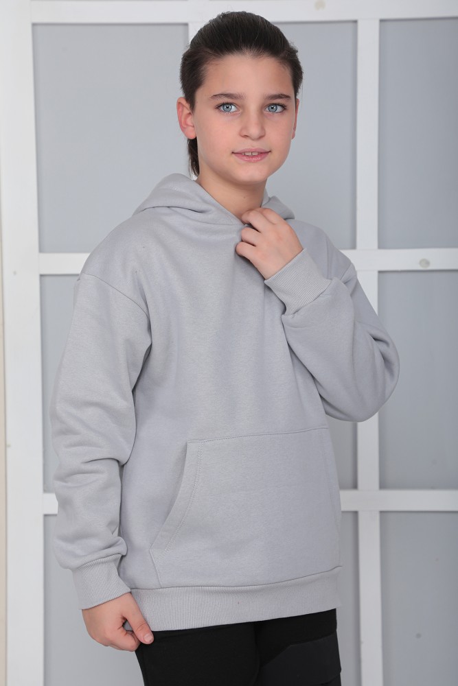 Erkek Çocuk Gri Kapüşonlu 3 iplik Şardonlu Polarlı Rahat Kesim Sweatshirt S402GRİ