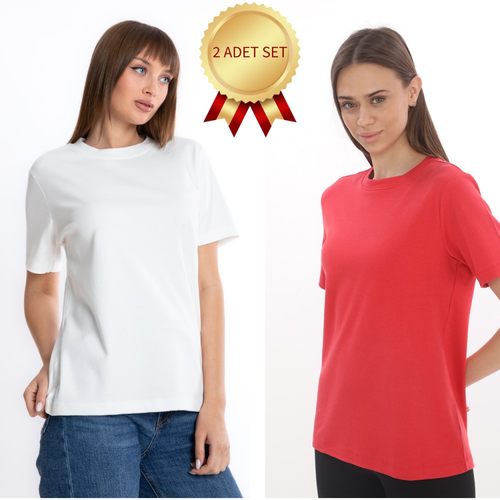 KADIN BİSİKLET  YAKA BASIC İNTERLOK KISA KOL TİŞÖRT BEYAZ-KIRMIZI 2'Lİ SET S-101MIX2