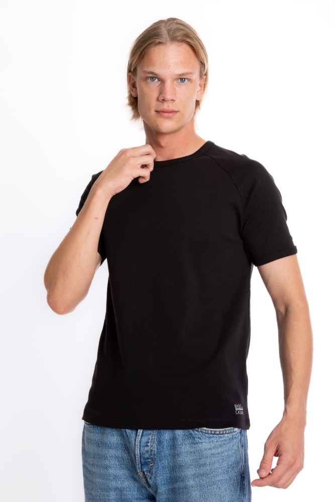 Erkek SLIM FIT Siyah %100 Pamuk Bisiklet Yaka Ribana Reglan Kol Tişört S-201
