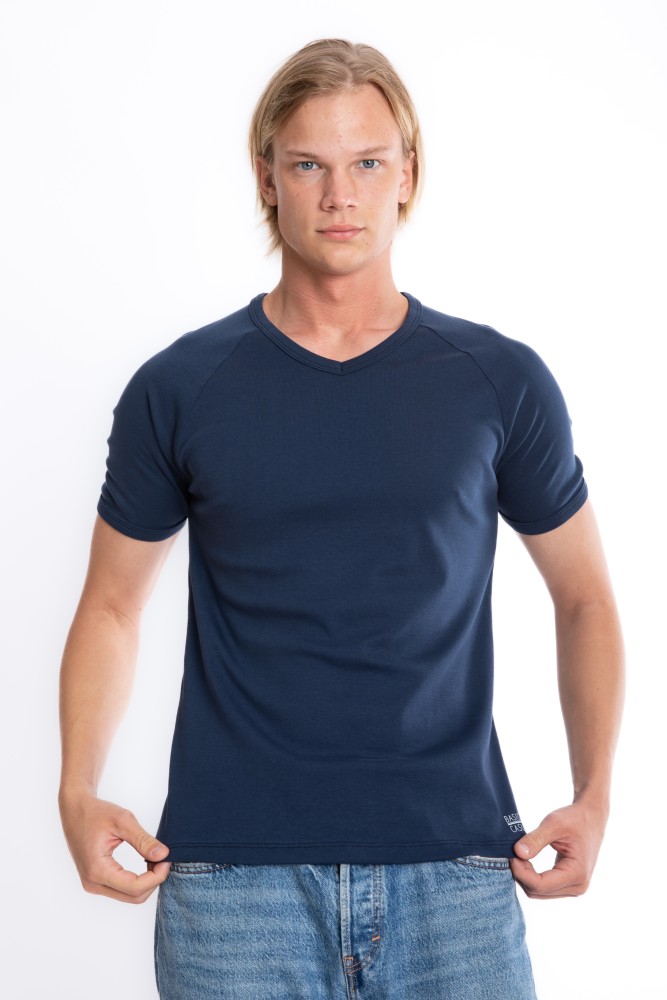 Erkek SLIM FIT LACİVERT %100 Pamuk V Yaka Ribana Reglan Kol Tişört  S-202
