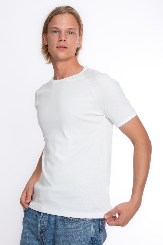 Erkek SLIM FIT EKRU %100 Pamuk Bisiklet Yaka Ribana Reglan Tişört  S-201
