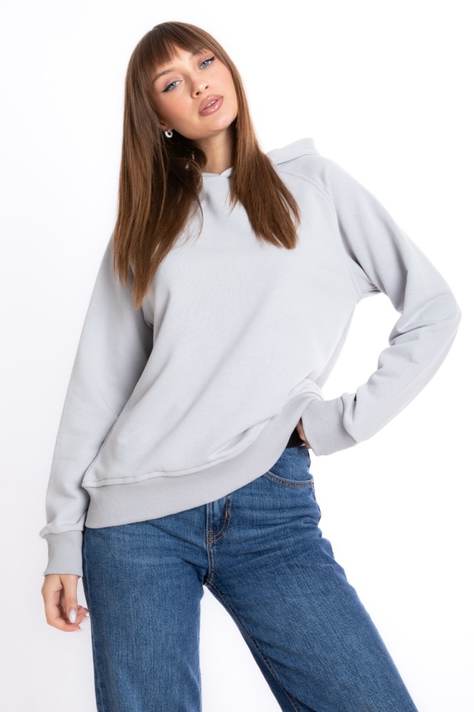 Kadın GRİ Kapüşonlu 3 iplik Şardonsuz Polarsız Reglan Kol Sweatshirt S-104