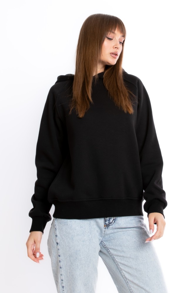 Kadın SİYAH Kapüşonlu 3 iplik Şardonsuz Polarsız Reglan Kol Sweatshirt S-104