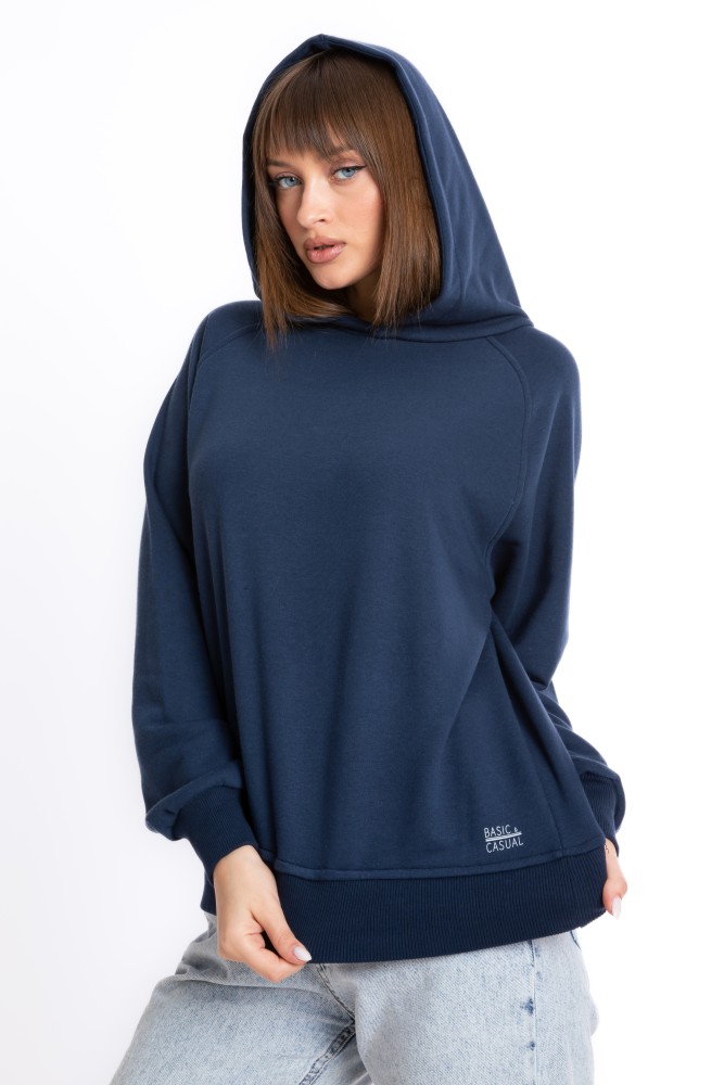 Kadın LACİVERT Kapüşonlu 3 iplik Şardonsuz Polarsız Reglan Kol Sweatshirt S-104