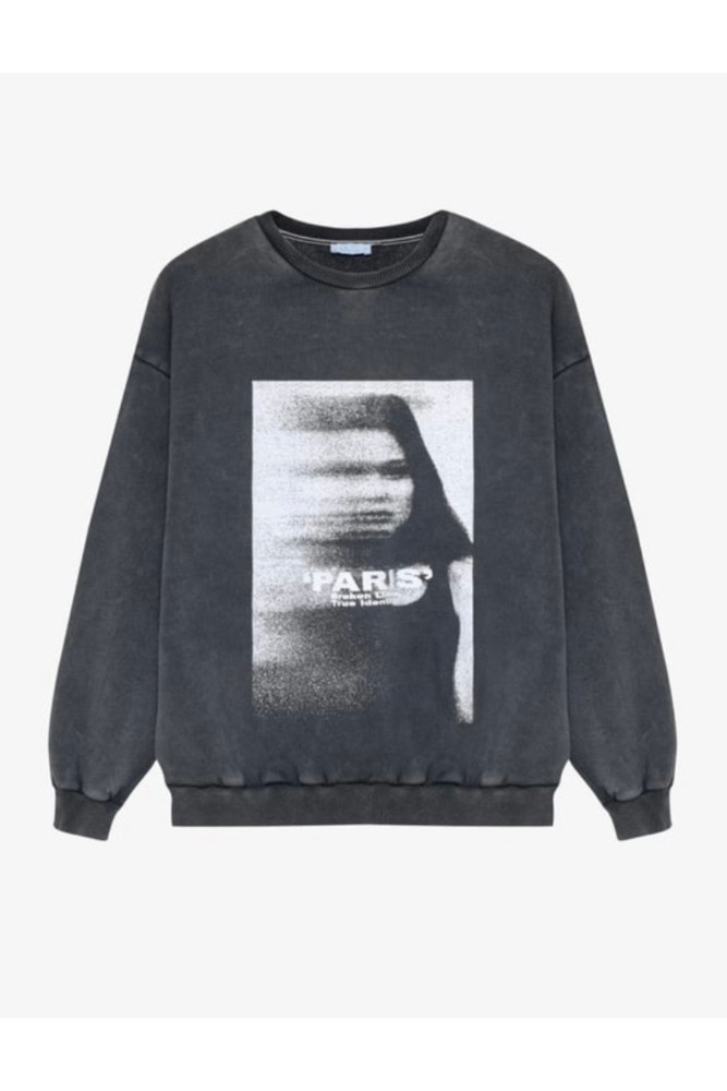 Yıkamalı Paris Baskılı Oversize Sweatshirt Antrasit