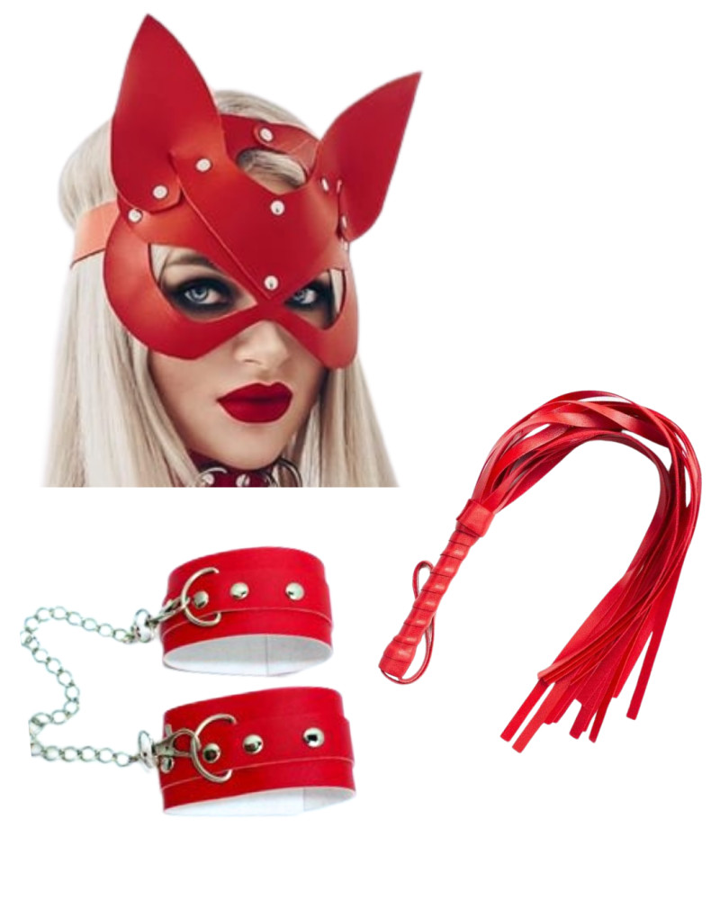 Tegan Fantezi Deri Seksi Kırmızı Kedi Maske Kelepçe Kırbaç Seti ( 3'lü set) TG275367