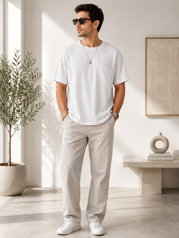 Erkek Beyaz Bisiklet Yaka Basic T-Shirt