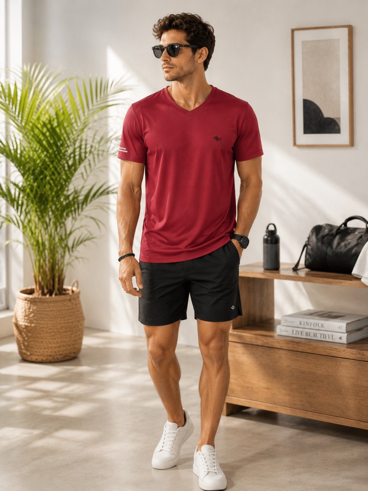 Erkek Bordo V Yaka T-Shirt