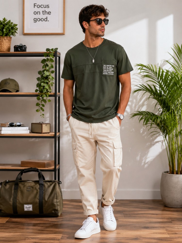 Erkek Haki O Yaka Basic T-Shirt