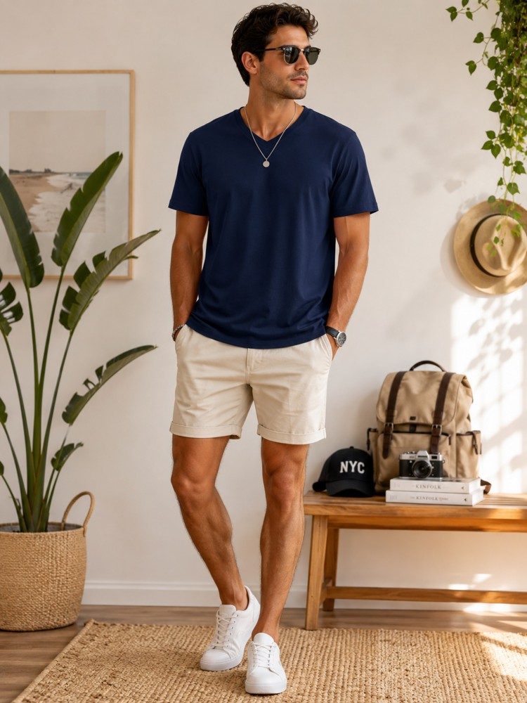 Erkek Lacivert V Yaka Slim Fit T-Shirt