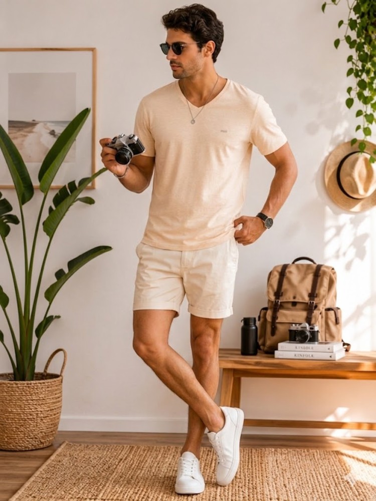 Erkek Sarı V Yaka Slim Fit T-Shirt