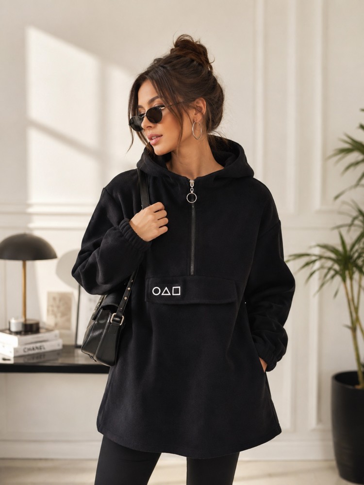 Kadın Siyah Kapşonlu Polar Sweatshirt