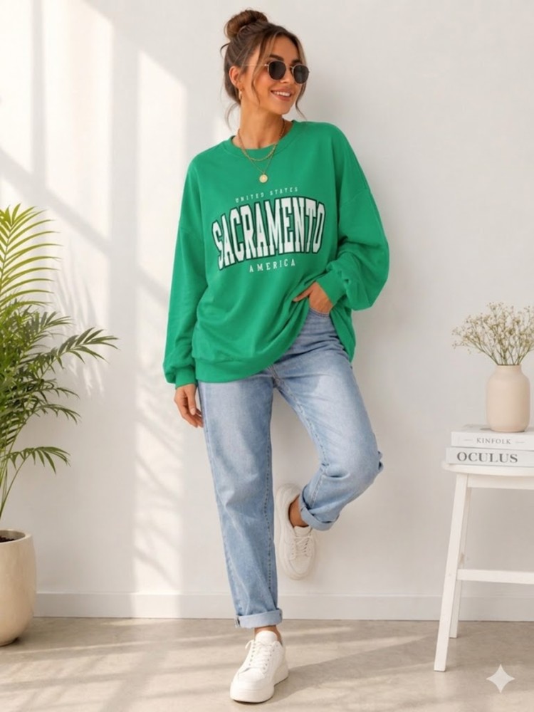 Kadın Yeşil Bisiklet Yaka Sweatshirt
